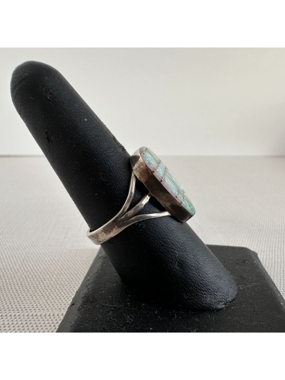 Signed EJ Native American Sterling Silver Opal Inlay Ring Size 8 - Picture 5 of 6